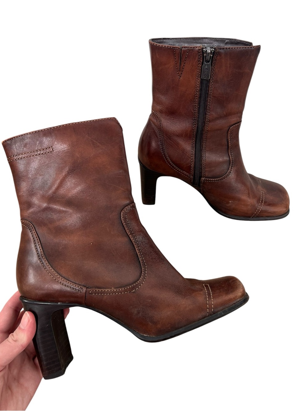 Vintage Brown Leather Women's Ankle Boots - Mid Heel
